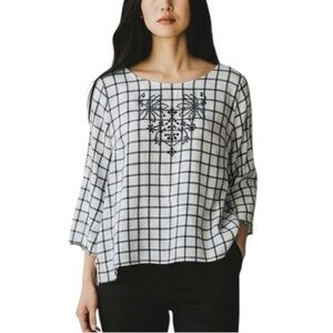Liz Claiborne Linen Blend Black and White Grid Embroidered Blouse XL